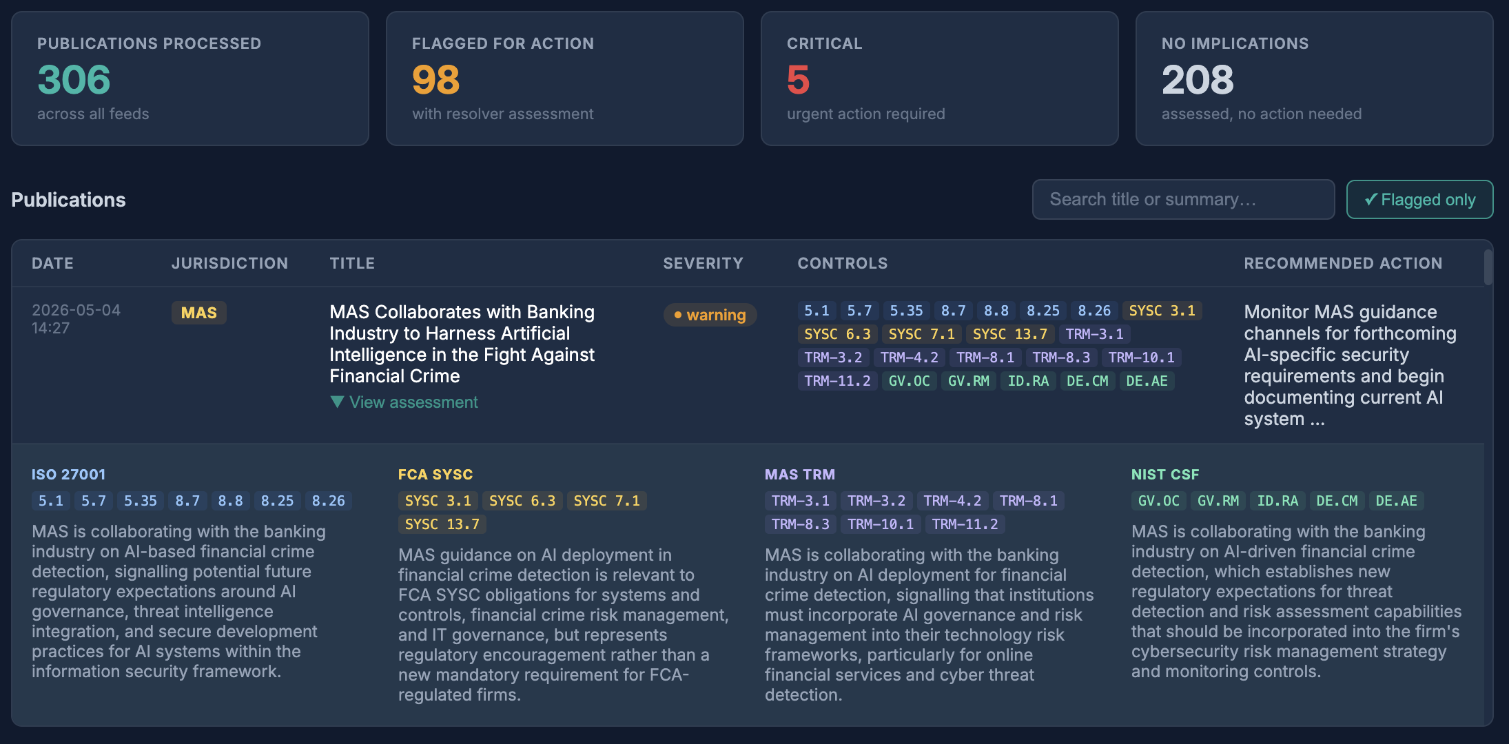 GRCX detailed regulatory assessment view showing SEC enforcement action mapped to FCA SYSC and ISO 27001 controls with severity rating and recommended actions